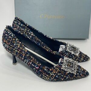 C. Paravano Tweed Jeweled Pumps Size 8.5 New in Box w Dust Bags & Heel Pads